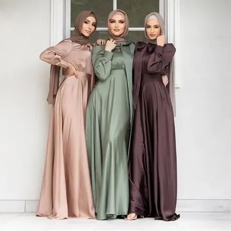 Elegant Satin Maxi Long Sleeve Middle East Arabic Islamic Clothing Robe Women Modest Abaya Muslim Dr